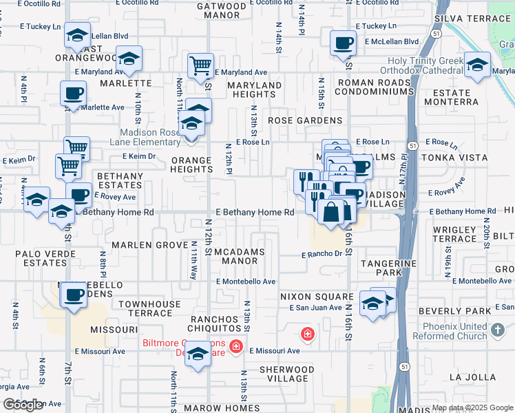 map of restaurants, bars, coffee shops, grocery stores, and more near 1317 East Bethany Home Road in Phoenix