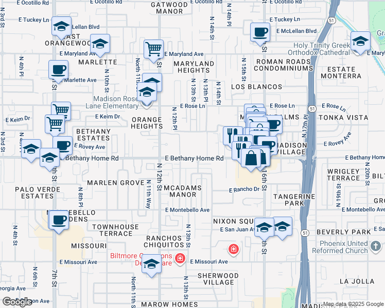 map of restaurants, bars, coffee shops, grocery stores, and more near 1317 East Bethany Home Road in Phoenix