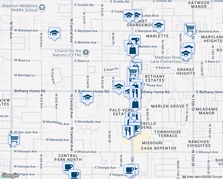 map of restaurants, bars, coffee shops, grocery stores, and more near 5836 North 4th Place in Phoenix