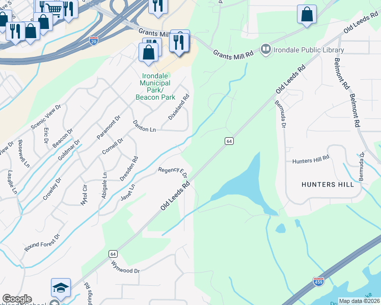 map of restaurants, bars, coffee shops, grocery stores, and more near 5119 Janet Lane in Irondale