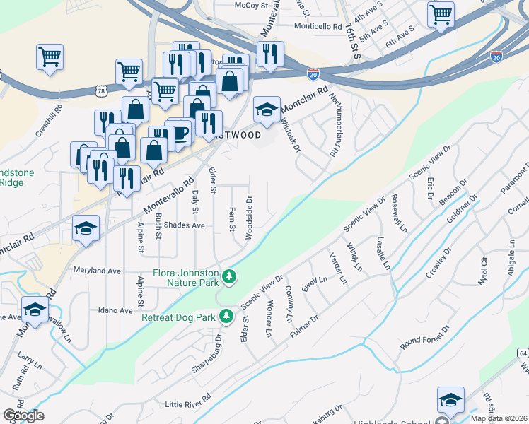 map of restaurants, bars, coffee shops, grocery stores, and more near 161 Woodside Drive in Irondale