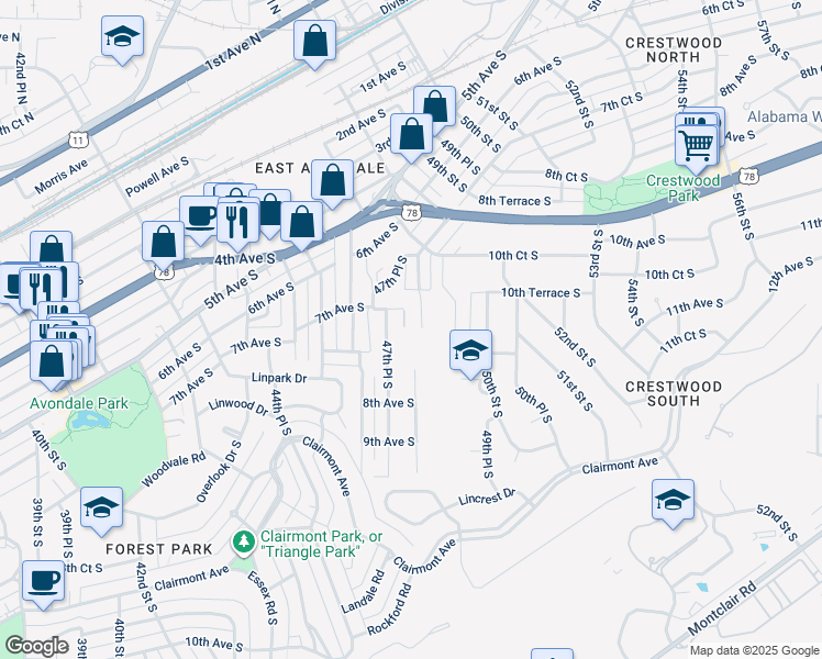 map of restaurants, bars, coffee shops, grocery stores, and more near 729 47th Place South in Birmingham