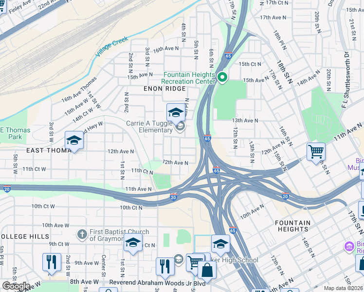 map of restaurants, bars, coffee shops, grocery stores, and more near 423 12th Terrace North in Birmingham