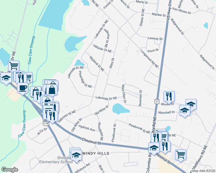 map of restaurants, bars, coffee shops, grocery stores, and more near 2494 Riley Street in Orangeburg