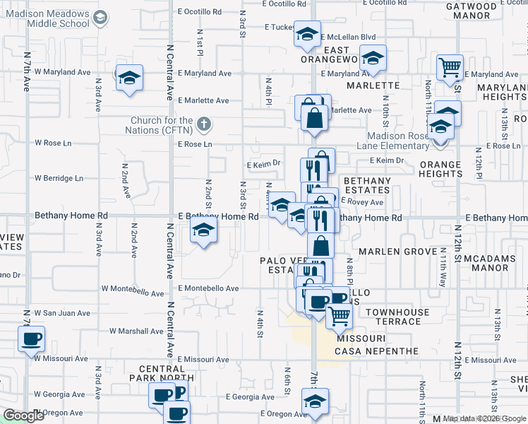 map of restaurants, bars, coffee shops, grocery stores, and more near 5836 North 4th Place in Phoenix