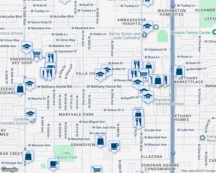 map of restaurants, bars, coffee shops, grocery stores, and more near 2930 West Bethany Home Road in Phoenix