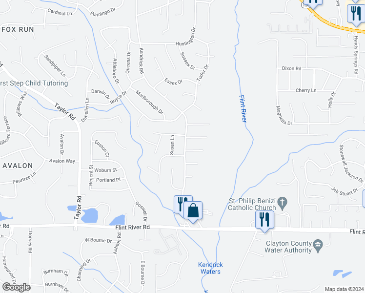 map of restaurants, bars, coffee shops, grocery stores, and more near 8449 Kendrick Road in Jonesboro