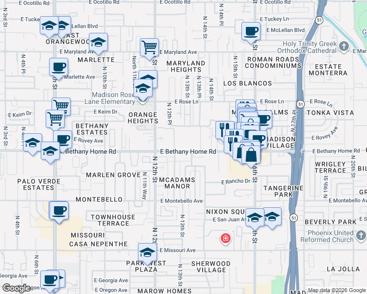 map of restaurants, bars, coffee shops, grocery stores, and more near 5841 North 12th Place in Phoenix