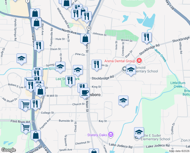 map of restaurants, bars, coffee shops, grocery stores, and more near 112 Stockbridge Road in Jonesboro