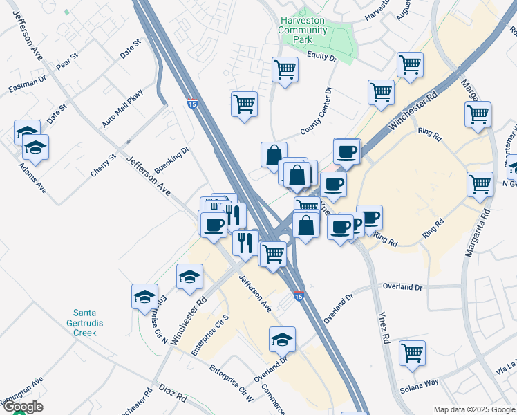 map of restaurants, bars, coffee shops, grocery stores, and more near Temecula Valley Fwy in Temecula