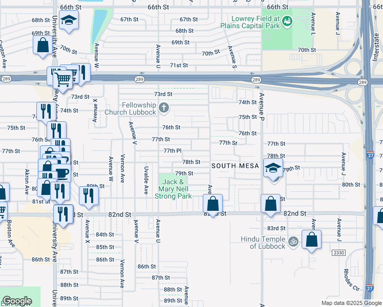 map of restaurants, bars, coffee shops, grocery stores, and more near 1916 78th Street in Lubbock