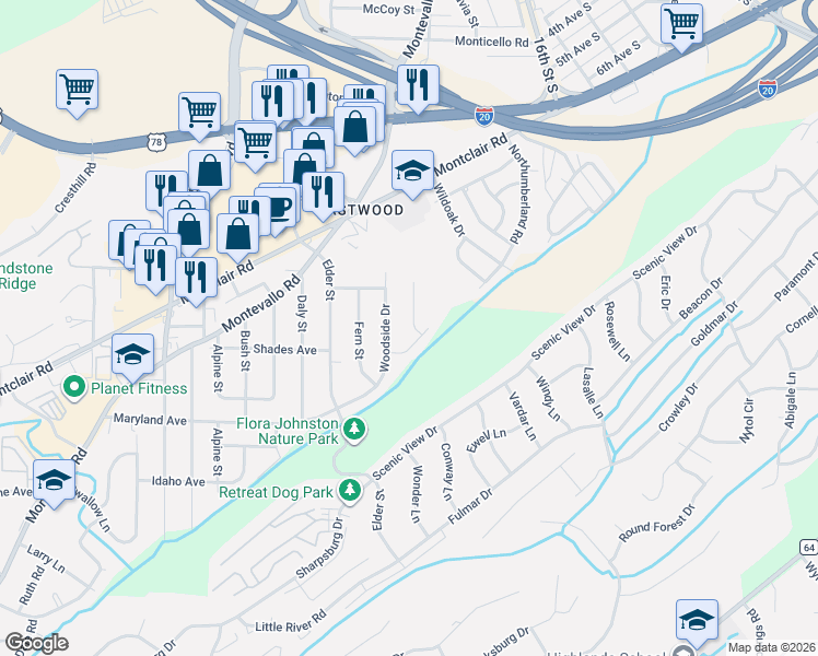 map of restaurants, bars, coffee shops, grocery stores, and more near 161 Woodside Drive in Irondale
