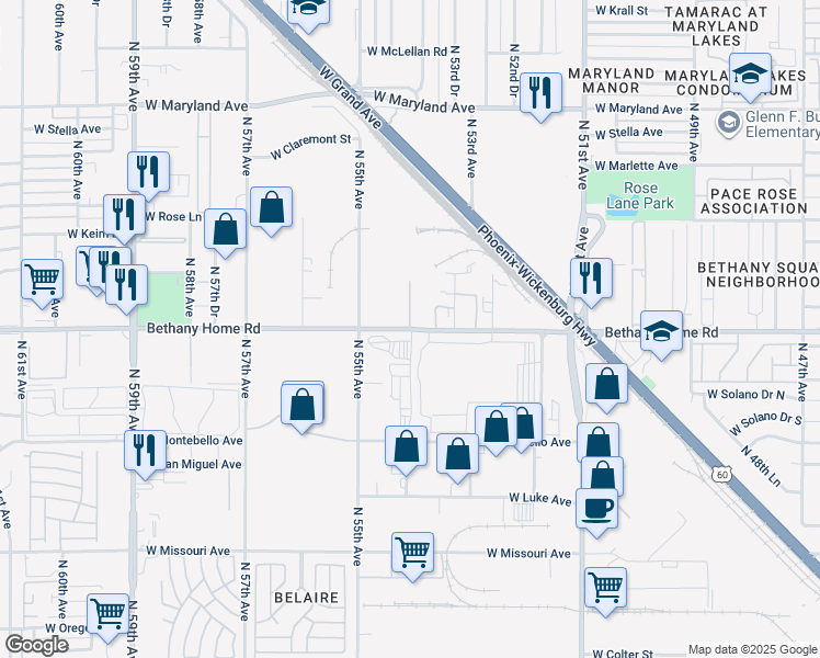 map of restaurants, bars, coffee shops, grocery stores, and more near West Bethany Home Road in Glendale