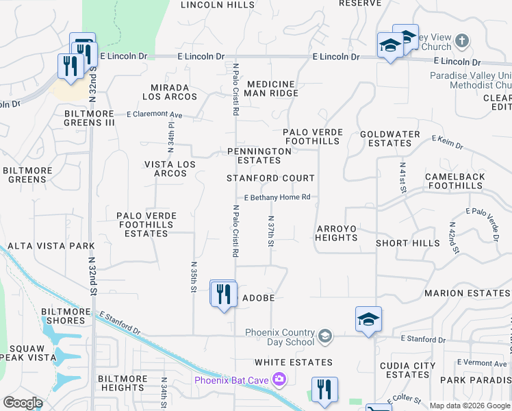 map of restaurants, bars, coffee shops, grocery stores, and more near 5820 North 37th Street in Paradise Valley