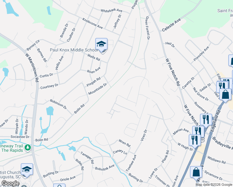 map of restaurants, bars, coffee shops, grocery stores, and more near 115 Cascade Drive in North Augusta