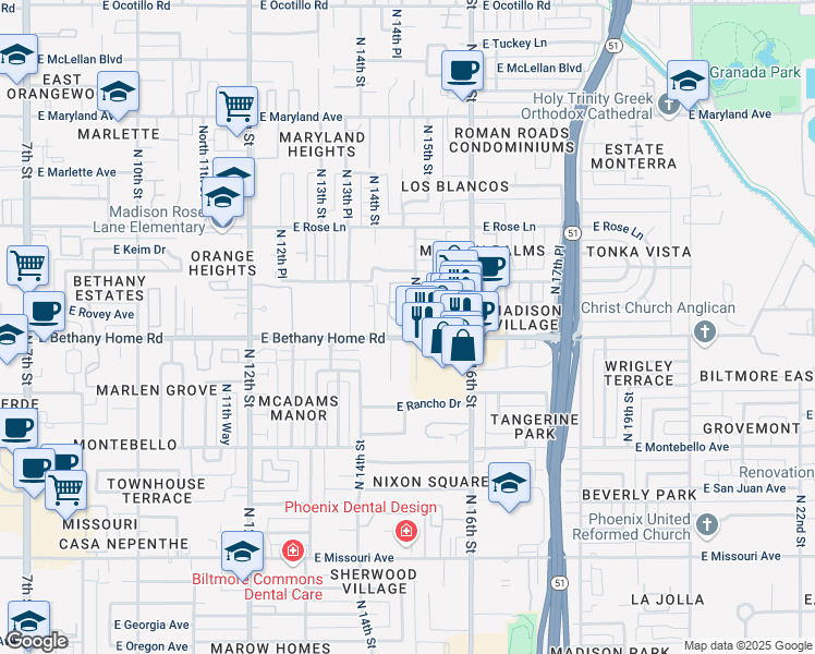 map of restaurants, bars, coffee shops, grocery stores, and more near in Phoenix