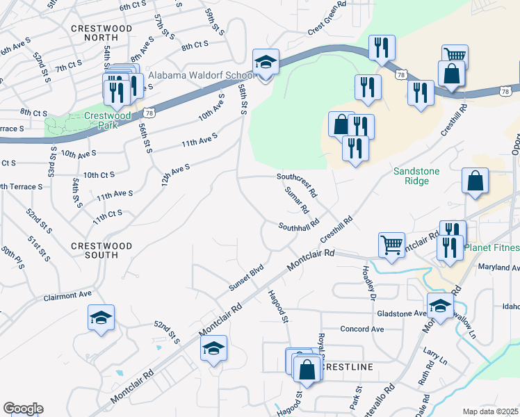 map of restaurants, bars, coffee shops, grocery stores, and more near 1341 58th Street South in Birmingham