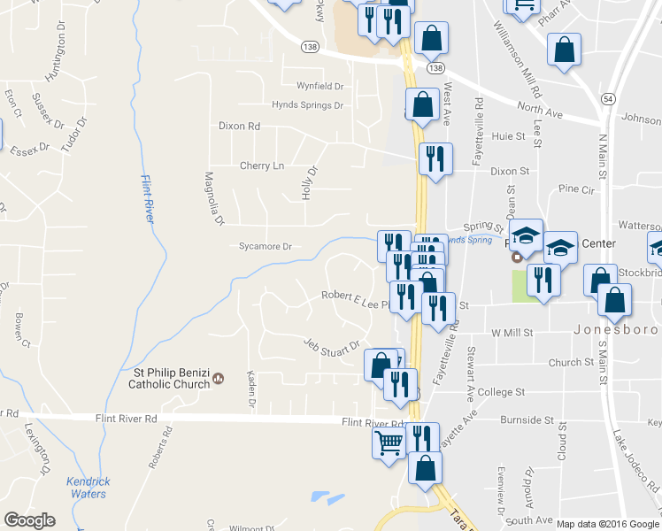 map of restaurants, bars, coffee shops, grocery stores, and more near 8438 Stonewall Jackson Drive in Jonesboro