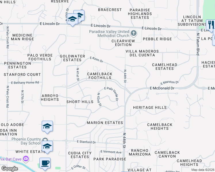 map of restaurants, bars, coffee shops, grocery stores, and more near 4317 East Palo Verde Drive in Phoenix