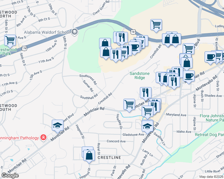 map of restaurants, bars, coffee shops, grocery stores, and more near 1321 Cresthill Road in Birmingham