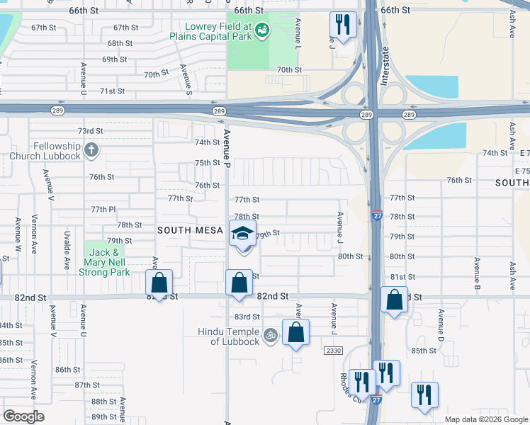 map of restaurants, bars, coffee shops, grocery stores, and more near 1416 78th Street in Lubbock