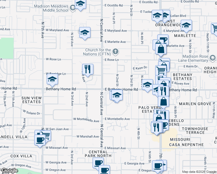 map of restaurants, bars, coffee shops, grocery stores, and more near 101 East Bethany Home Road in Phoenix