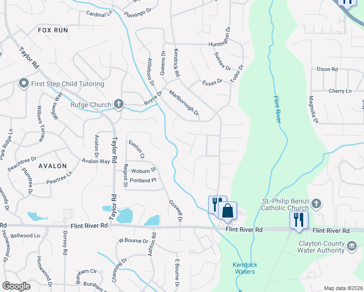 map of restaurants, bars, coffee shops, grocery stores, and more near 8481 Moultrie Drive in Jonesboro