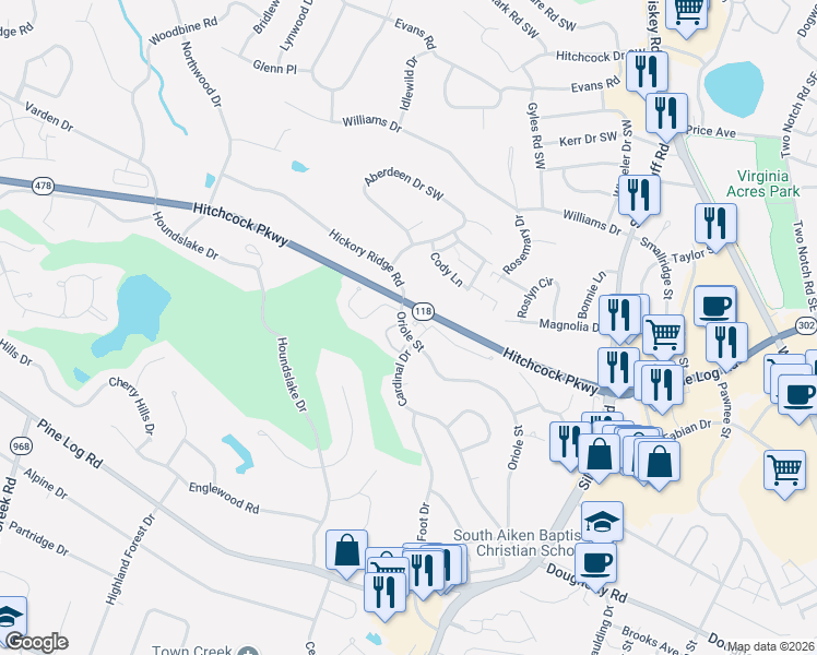 map of restaurants, bars, coffee shops, grocery stores, and more near 726 Oriole Street in Aiken