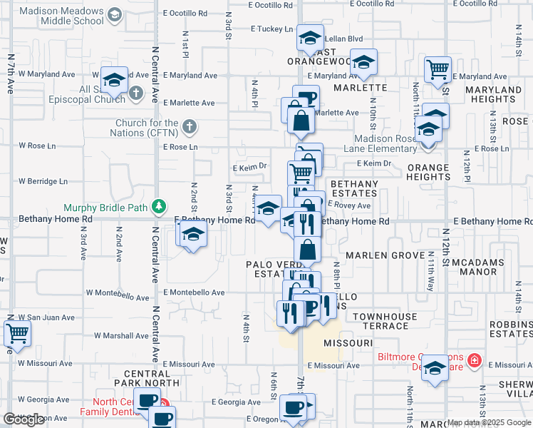 map of restaurants, bars, coffee shops, grocery stores, and more near 525 East Bethany Home Road in Phoenix