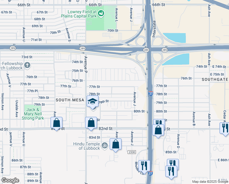 map of restaurants, bars, coffee shops, grocery stores, and more near 1134 78th Street in Lubbock