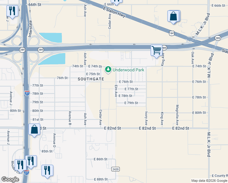 map of restaurants, bars, coffee shops, grocery stores, and more near 7602 Elm Avenue in Lubbock