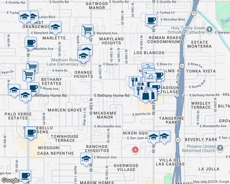 map of restaurants, bars, coffee shops, grocery stores, and more near 1317 East Bethany Home Road in Phoenix