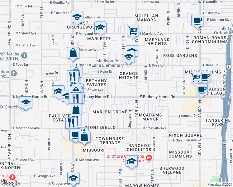 map of restaurants, bars, coffee shops, grocery stores, and more near 1033 East Bethany Home Road in Phoenix