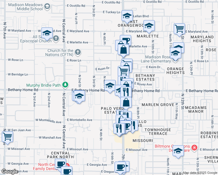 map of restaurants, bars, coffee shops, grocery stores, and more near 525 East Bethany Home Road in Phoenix