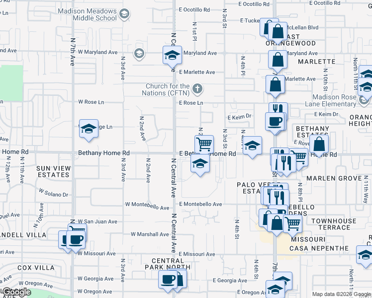 map of restaurants, bars, coffee shops, grocery stores, and more near 101 East Bethany Home Road in Phoenix