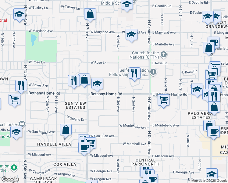 map of restaurants, bars, coffee shops, grocery stores, and more near 5844 North 3rd Avenue in Phoenix
