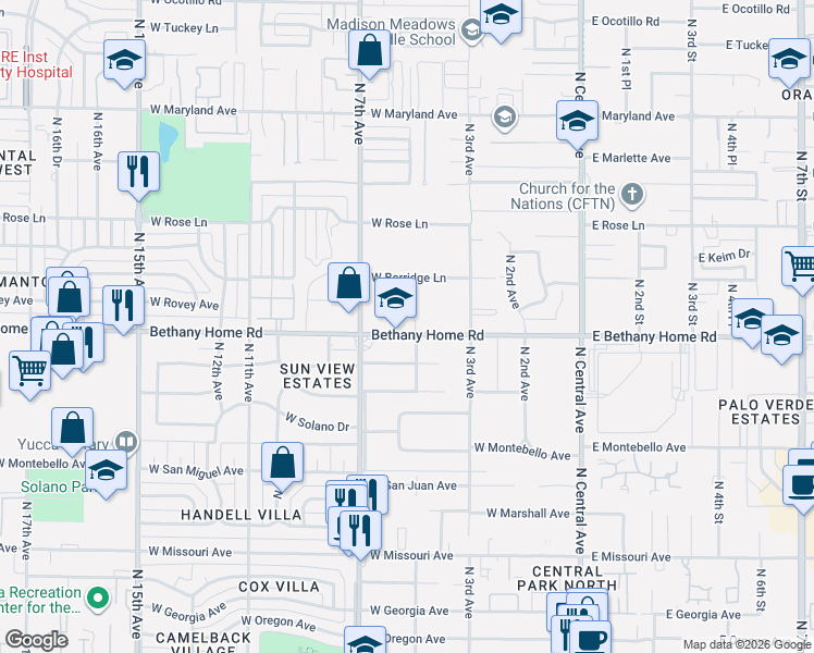 map of restaurants, bars, coffee shops, grocery stores, and more near 345 West Bethany Home Road in Phoenix
