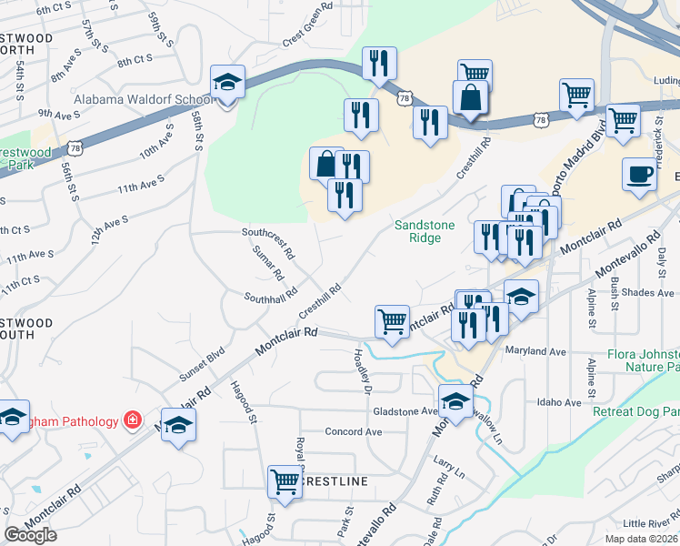 map of restaurants, bars, coffee shops, grocery stores, and more near 1321 Cresthill Road in Birmingham