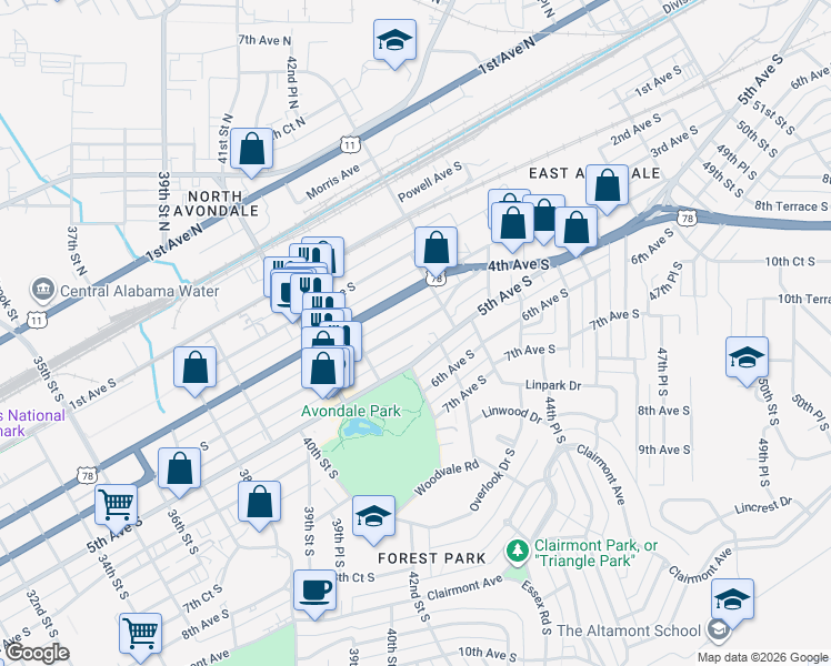map of restaurants, bars, coffee shops, grocery stores, and more near 4229 4th Avenue South in Birmingham
