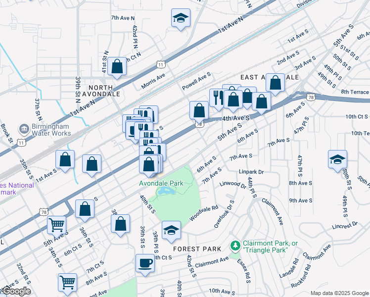 map of restaurants, bars, coffee shops, grocery stores, and more near 4229 4th Avenue South in Birmingham