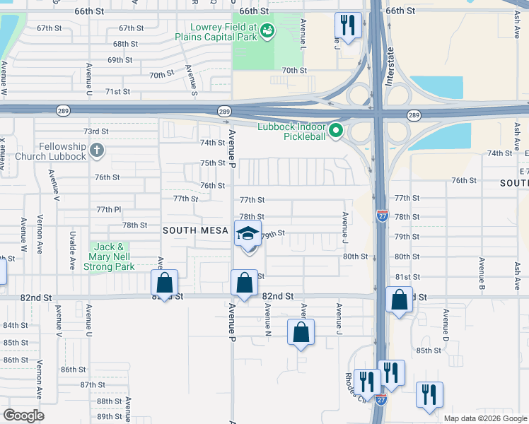 map of restaurants, bars, coffee shops, grocery stores, and more near 1423 78th Street in Lubbock