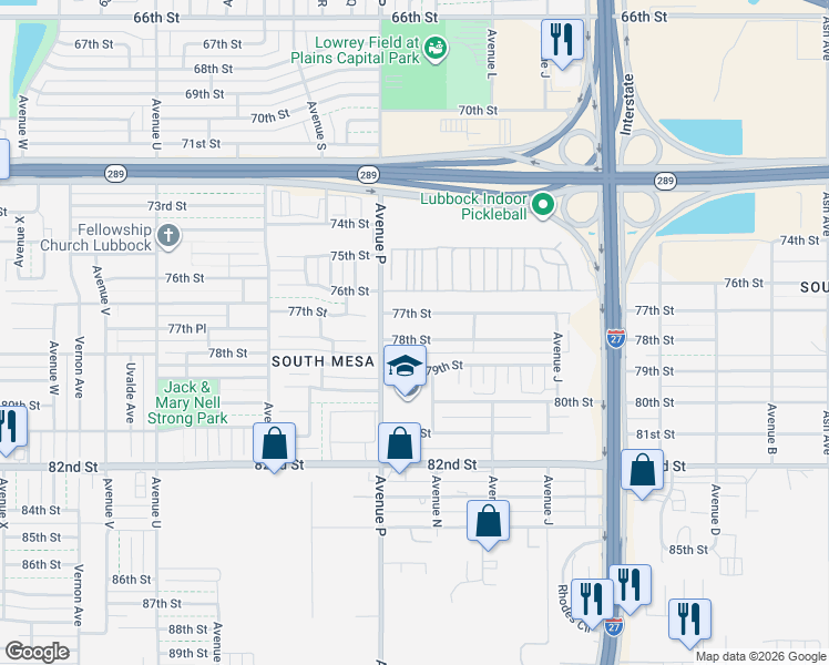 map of restaurants, bars, coffee shops, grocery stores, and more near 1423 78th Street in Lubbock