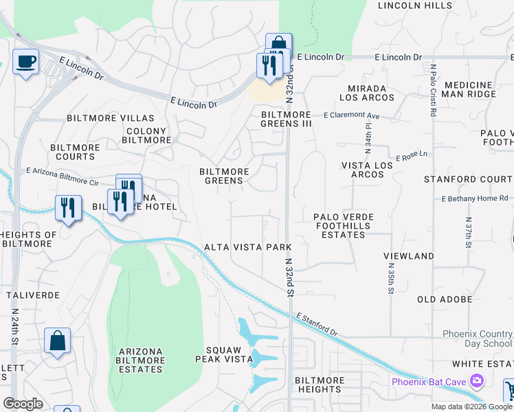 map of restaurants, bars, coffee shops, grocery stores, and more near 5834 North Canyon Drive in Phoenix