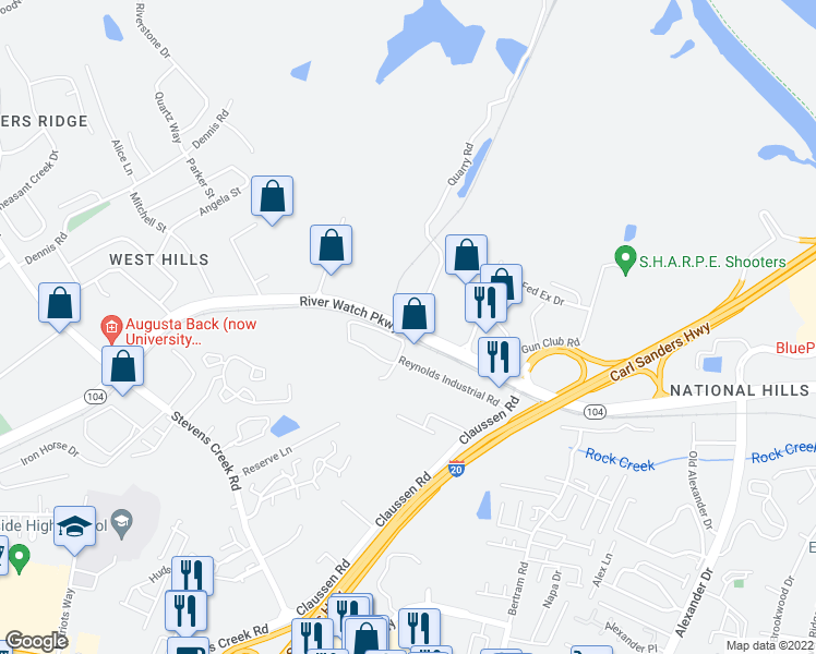 map of restaurants, bars, coffee shops, grocery stores, and more near 2525 Reynolds Industrial Road in Augusta
