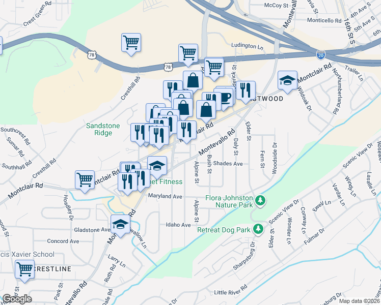 map of restaurants, bars, coffee shops, grocery stores, and more near 1 Oporto Way in Birmingham
