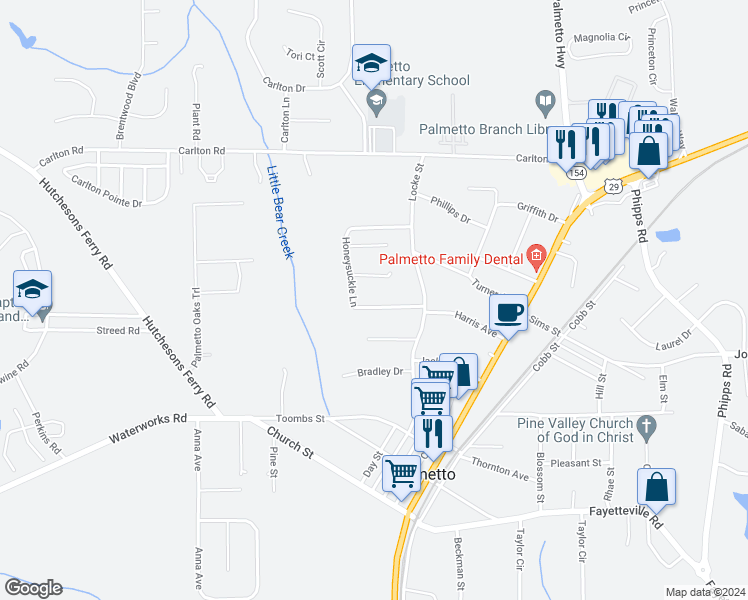map of restaurants, bars, coffee shops, grocery stores, and more near 520 Honeysuckle Lane in Palmetto
