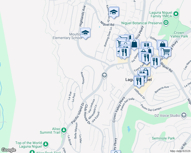 map of restaurants, bars, coffee shops, grocery stores, and more near 30222 Sonrisa Lane in Laguna Niguel