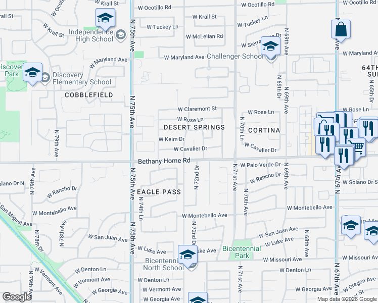 map of restaurants, bars, coffee shops, grocery stores, and more near 5857 North 72nd Drive in Glendale