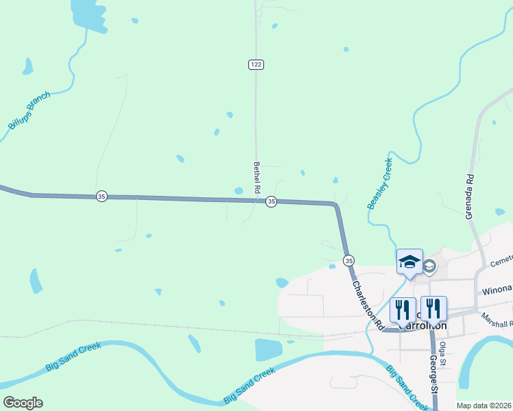 map of restaurants, bars, coffee shops, grocery stores, and more near 12819 Mississippi 35 in Carrollton
