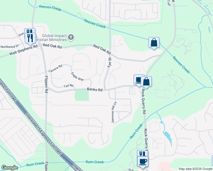 map of restaurants, bars, coffee shops, grocery stores, and more near 9 Cheyenne Drive in Stockbridge